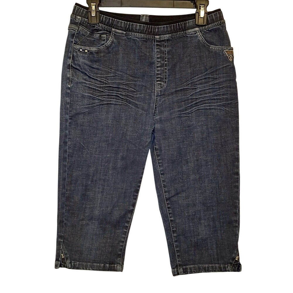 Guess Jeans Elastic Waist Long Shorts Dark Wash Whisker Front Capris Size 31